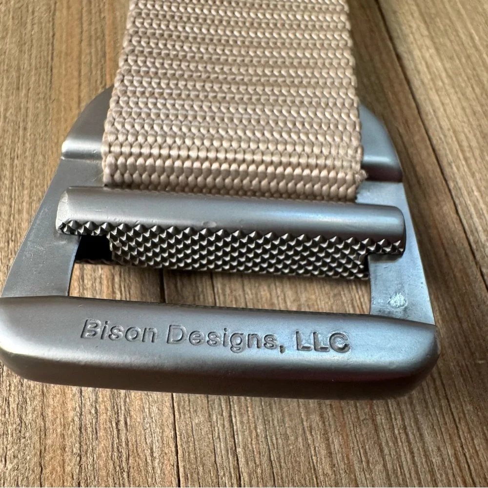 Bison Designs Nylon Webbing Belt Heavy Duty Buckle Small-47” Tan Silver‎ Buckle